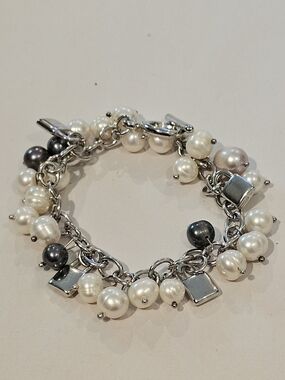 Freshwater Pearl & Square Link Dangle Statement Bracelet